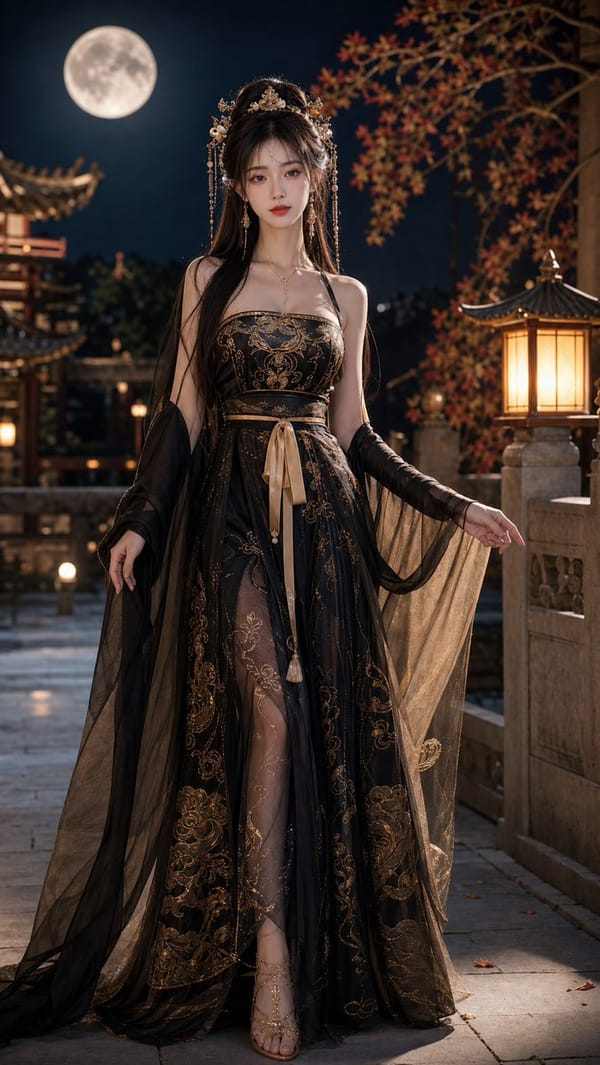 18歲中國美女，成年女性，精緻五官，長髮，身材修長，穿著性感但高雅的黑金色唐制齊胸襦裙改良漢服，薄紗披帛，金色雲紋刺繡，精緻髮飾，正面全身照，完整身體入鏡，細緻刺繡，輕薄飄逸布料，露肩或開衩設計但不… prompt example