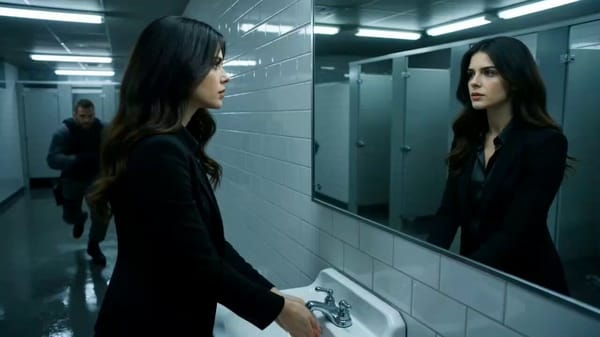 A single continuous 15-second cinematic long shot inside a sterile, dimly lit public restroom.…