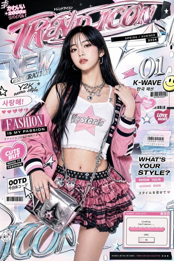 Ultra-stylized luxury fashion editorial poster featuring a confident young Asian woman centered in… prompt example