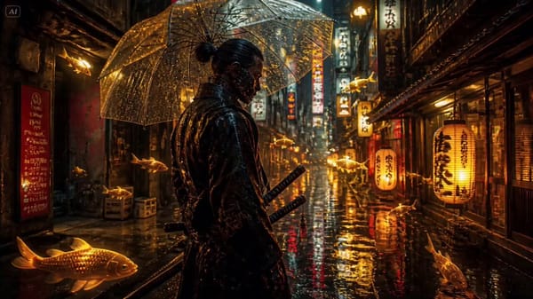 A cybernetic samurai waits in the rain for an enemy who never comes, realizing the city itself…