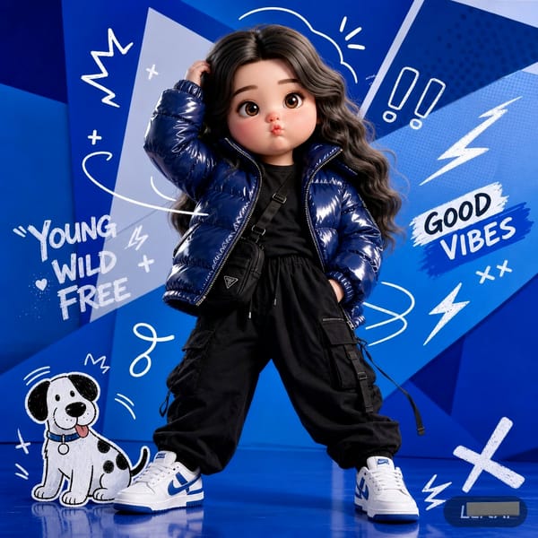 A full-body fashion editorial scene against a vibrant electric-blue studio background with laye…