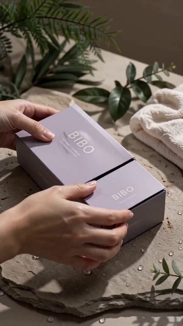Ultra-realistic ASMR skincare commercial for BIBO Cleanser in 9:16 vertical format. Dark lavend…