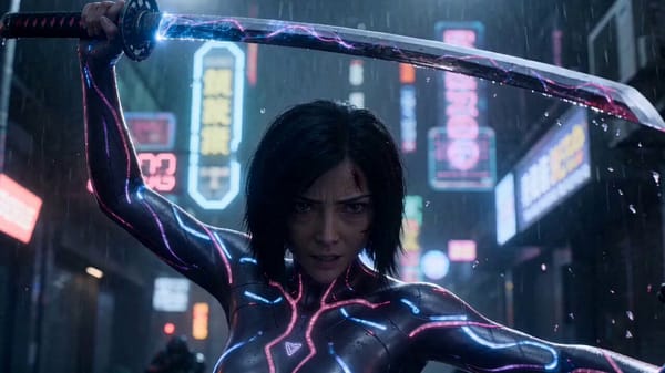 Match cut from final frame: cyber-ronin holding blade aloft, rain parting around the steel. She…