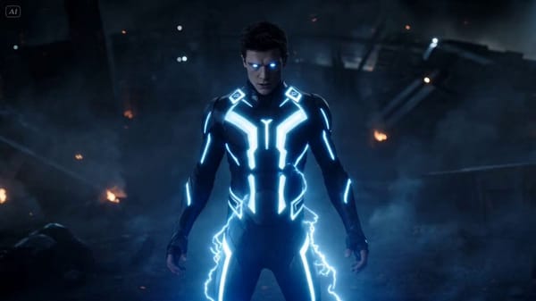 A superhuman fighter with electric energy coursing through his veins, body vibrating under powe…