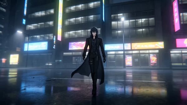 Ultra-cinematic anime-style continuous action sequence in a futuristic city at night, neon refl…