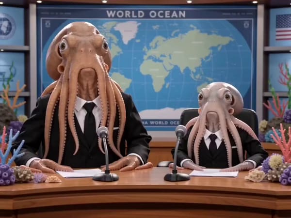 It's a news but the anchors are squids and speak squid language prompt example