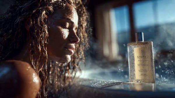 Ultra cinematic luxury shampoo commercial, elegant woman with wet curly hair relaxing in a stea…