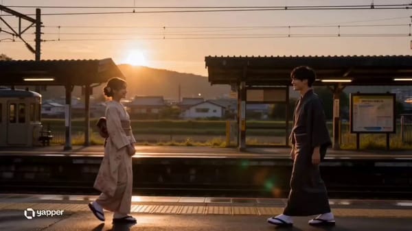 Cinematic Japanese romance short film, soft emotional storytelling, Tokyo evening aesthetic, warm l… prompt example