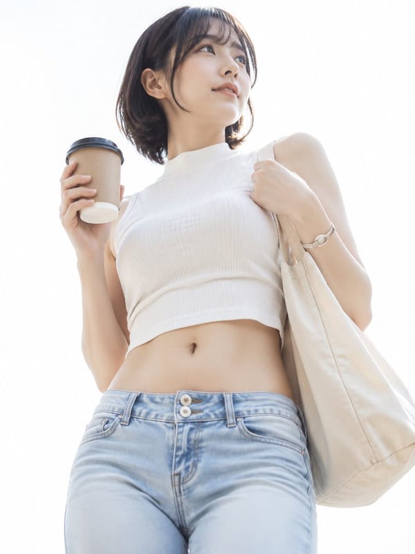 A fresh high-key white-background lifestyle portrait of a young woman in her 20s standing again…