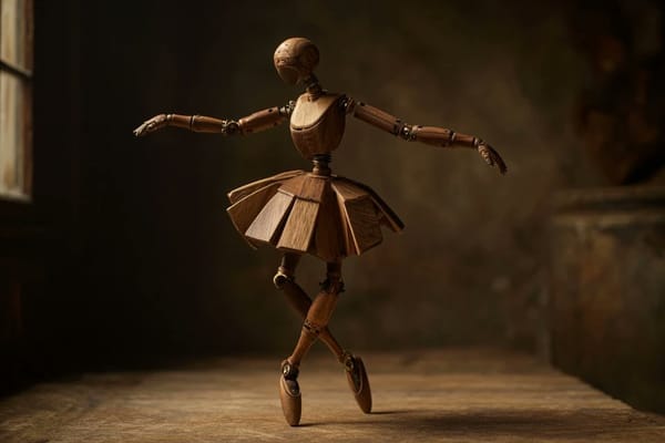A wooden automaton version of a [subject], jointed with brass pins, natural wood tones in [cherry],… prompt example