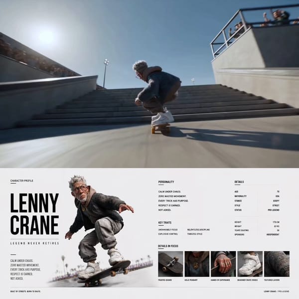 SUBJECT: A legendary 70-year-old professional skateboarder with messy silver-gray short hair, d…