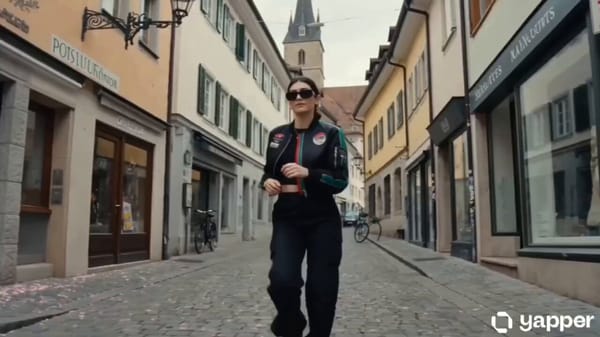 [00:00–00:01] Day. Dutch angle medium shot, fisheye lens distortion. She leans against a plain…
