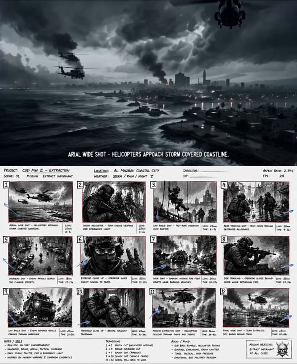 Use the provided black-and-white military storyboard sheet @[image] as the direct sequential vi…