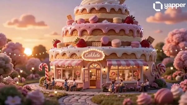 Tiny cake houses, dreamy bakery streets, endless sweetness prompt example