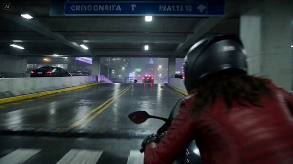 ENVIRONMENT: A neon-lit crime city at night during light rain. Wet asphalt reflects police ligh…