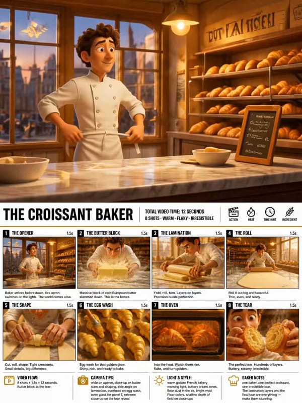 “Use the attached THE CROISSANT BAKER storyboard image as the exact reference. Create a 12-seco…