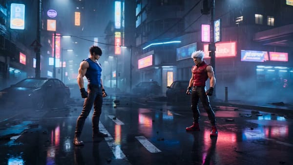Ultra-cinematic anime-style continuous fight sequence at night in a ruined futuristic street, r…