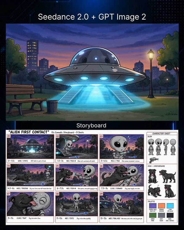 [CINEMATIC SETUP] Cute 2D cartoon animation, playful sci-fi comedy, soft dusk lighting. Purple-…