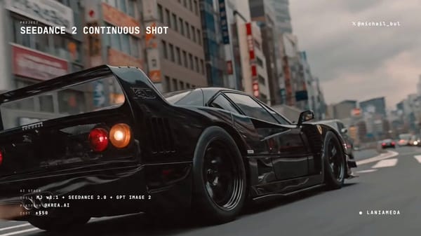 a cinematic low angle tracking shot of a Ferrari F40 in Tokyo, Dynamic high speed shot prompt example