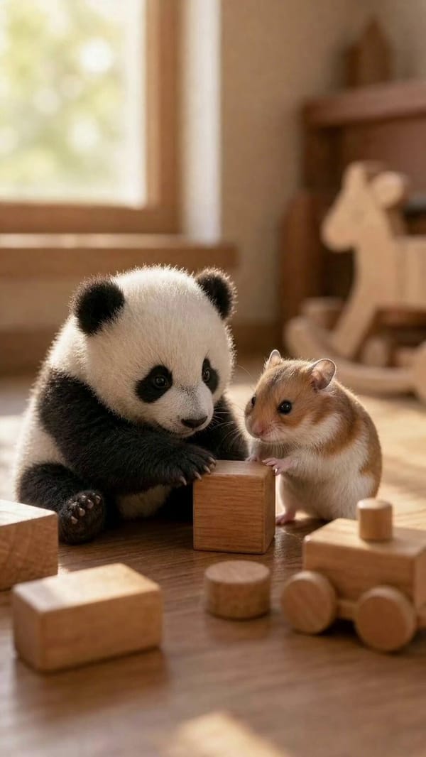 A tiny panda decided a hamster was the perfect best friend 🐼🐹 prompt example