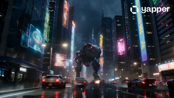 Enormous robotic dinosaur attacking a cyberpunk city at midnight, neon holograms everywhere, fu…