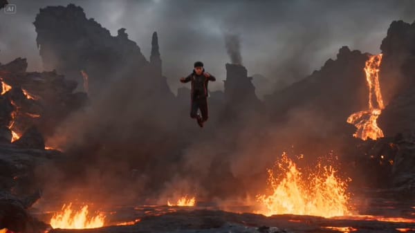 A fast-paced cinematic sequence in a glowing volcanic terrain. A warrior with natural skin tone…