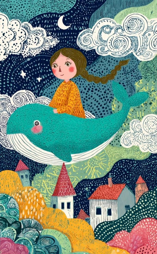 These two illustrations showcase a whimsical, folk-art style characterized by vibrant colors, intri… prompt example