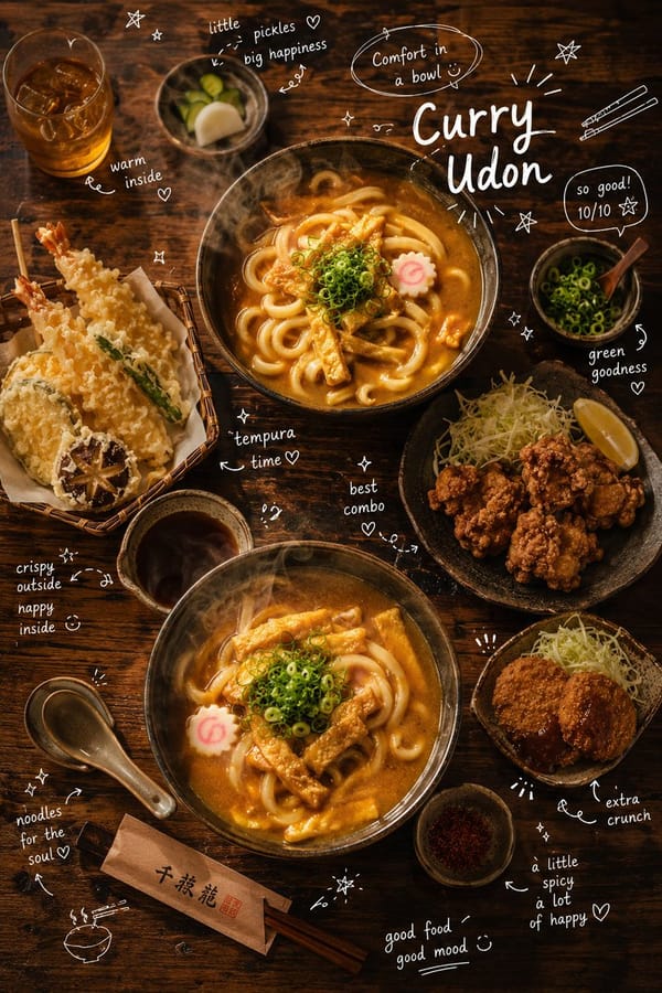 Overhead cinematic food photography of a comforting Japanese curry udon meal set placed on a rustic… prompt example