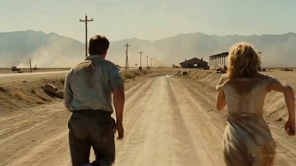A cinematic, high-action shot of a man and a woman running frantically down a cracked dirt road…