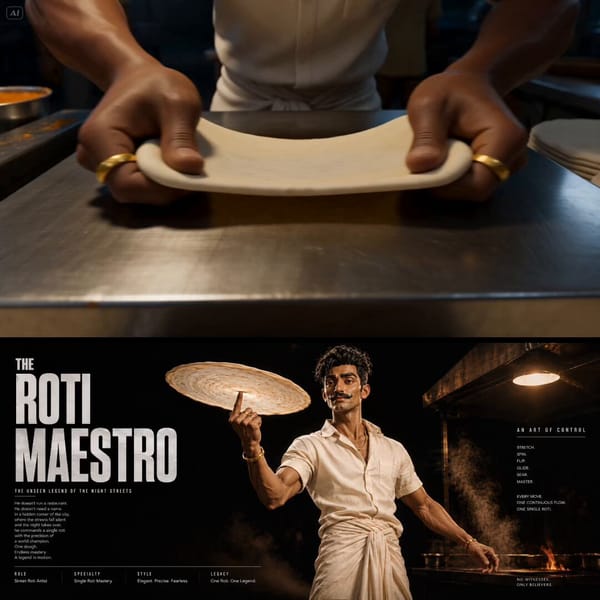 SUBJECT: Roti craftsman at a late-night street stall @ image1, lean tall proportions, deep warm-ton… prompt example