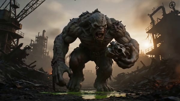 Scene 1 Action: Rustmaw stalks through a ruined scrapyard, chewing a torn engine block as acid…