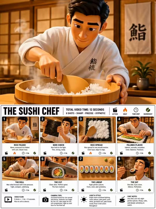 Create a crisp, clean infographic storyboard poster for THE SUSHI CHEF. Wide 16:9 layout, white bac… prompt example