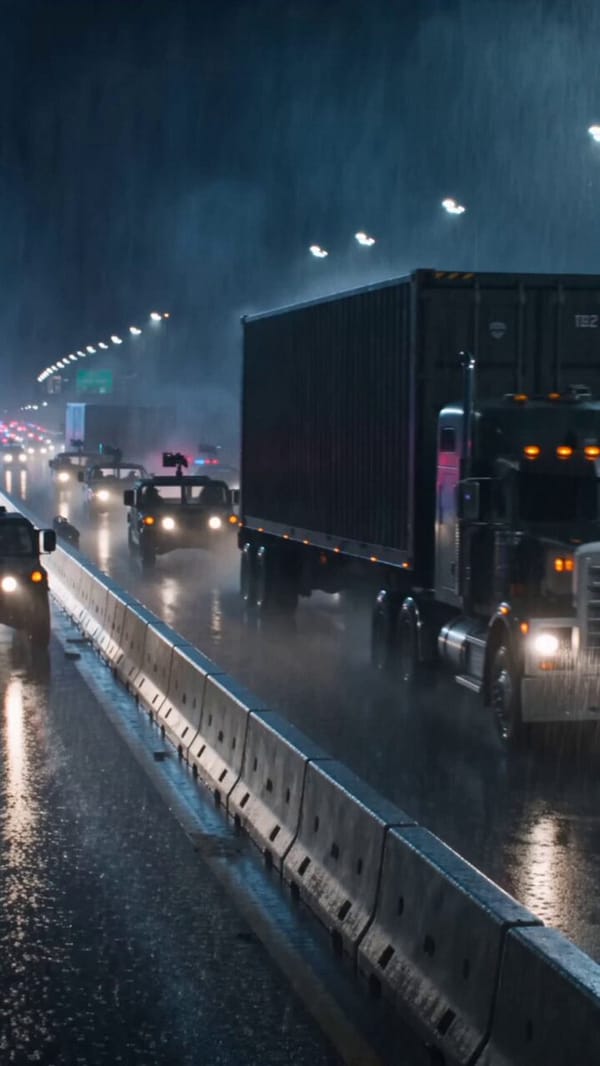 Big dinosaur action movie energy. A military convoy is moving through a flooded highway at nigh…