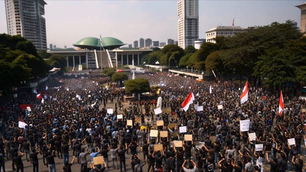 A cinematic ultra-realistic documentary-style story about a massive protest that spirals into c…