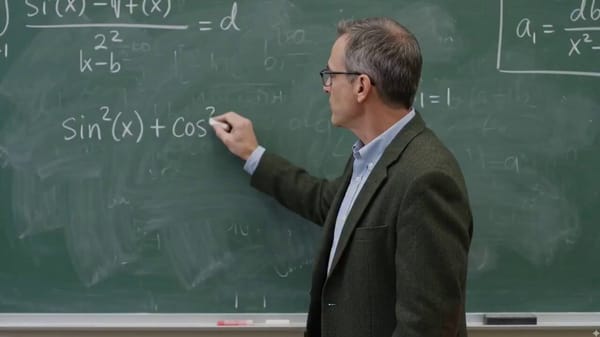 Bir profesör, geleneksel bir kara tahtada trigonometrik identiteler için matematiksel bir kanıtı ya… prompt example