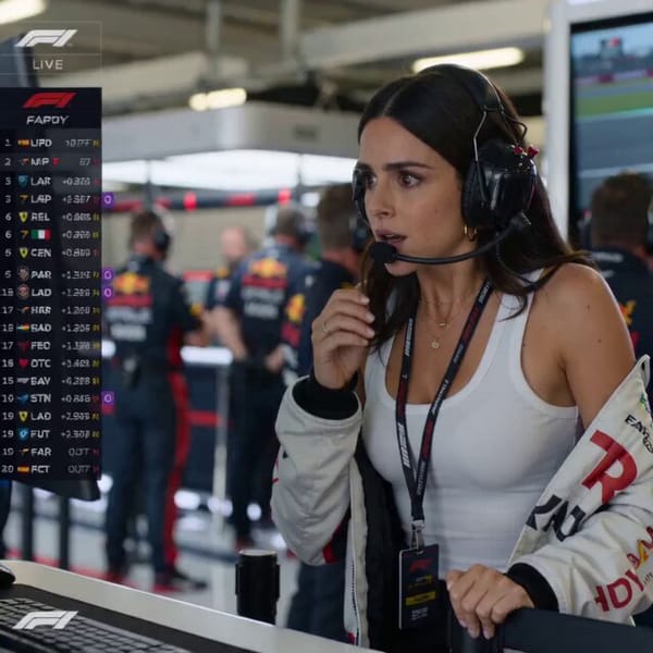 Ultra-realistic F1 live TV broadcast screenshot, identity preserved exactly from reference imag…