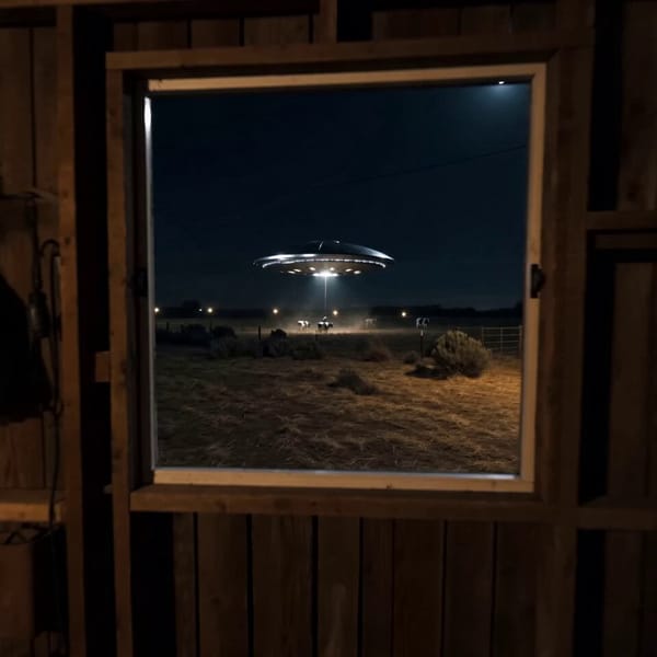 A single continuous handheld mobile phone video filmed from inside a farmhouse window at night…