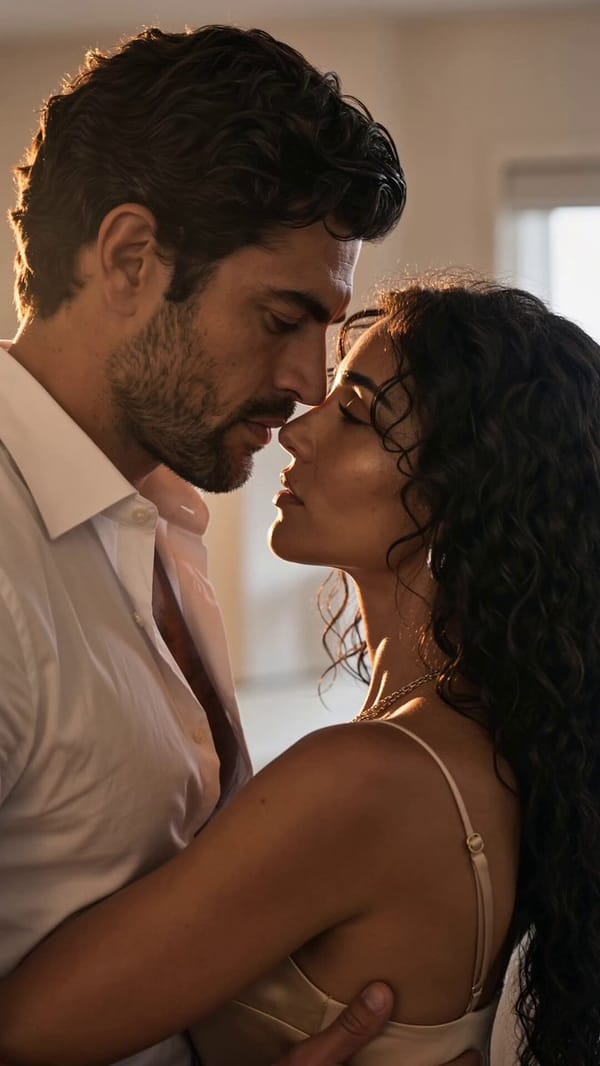Cinematic romantic montage of Esther Armari and Xavier Moretti as a couple, beautiful 9:16 vertical… prompt example