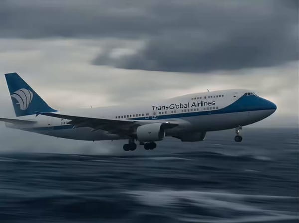 Pure oversized ocean-disaster insanity. A passenger airplane is already crash-landing on stormy…