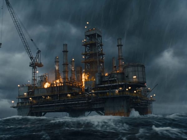 Pure retro ocean-monster blockbuster energy. A burning offshore oil rig becomes a warzone when a gi… prompt example