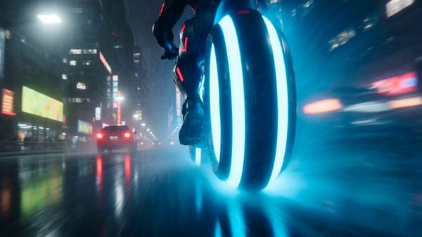 15-second cinematic video of a cyberpunk samurai in black-red armor riding a glowing neon hover…