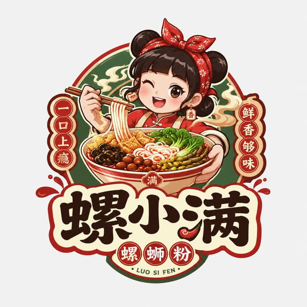 国潮人物角色 + 醒目中文招牌字标 + 餐饮品类说明 + 徽章式整合结构 prompt example
