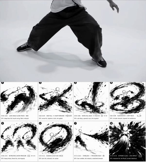 Create a director-style PREVIS action storyboard focused on 8 continuous action frames using only m… prompt example