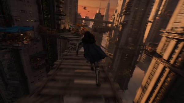 Gigantic floating city above endless clouds at sunset. Narrow suspended pathways, hanging marke…