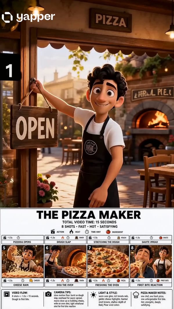 Create a crisp, clean infographic storyboard poster for THE PIZZA MAKER. Wide 16:9 layout, white ba… prompt example