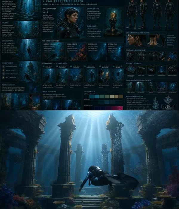 Photorealistic underwater sci-fi archaeology film set entirely inside a single colossal submerg…