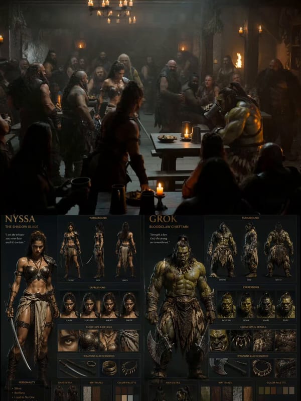 Style: Hyper-realistic dark fantasy tavern cinematic, grounded physical combat, realistic body mome… prompt example