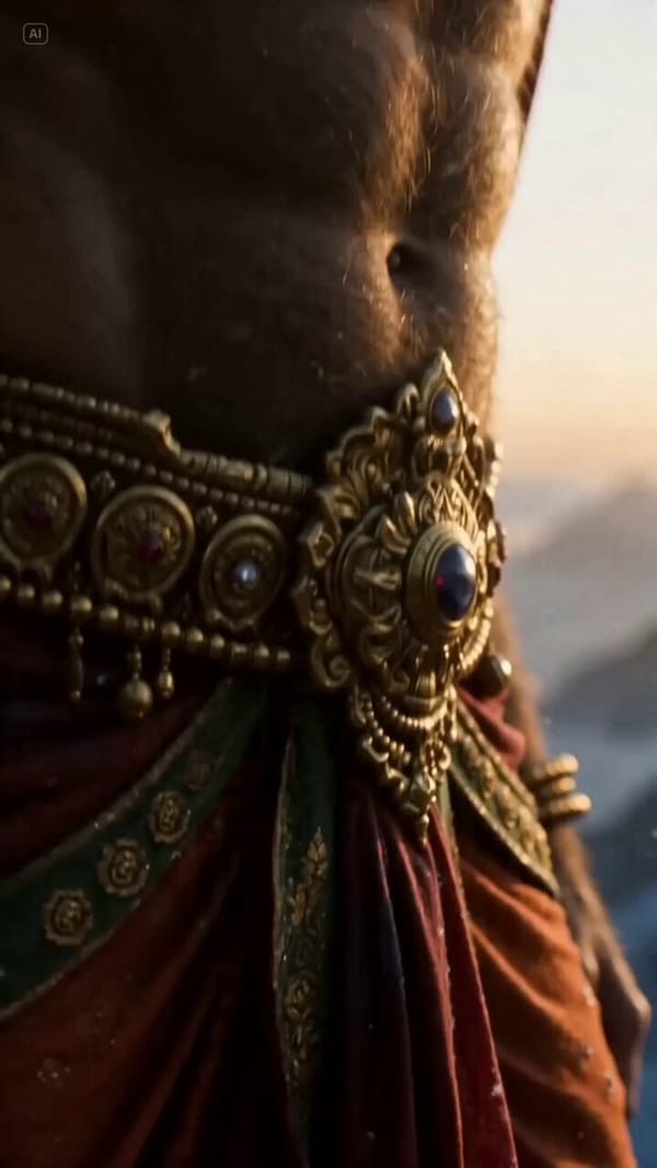 Ultra photorealistic cinematic depiction of Lord Hanuman standing heroically on the snowy Himal…