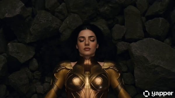 A cinematic sequence of a woman in ornate golden armor lying motionless on dark, jagged rocks.…