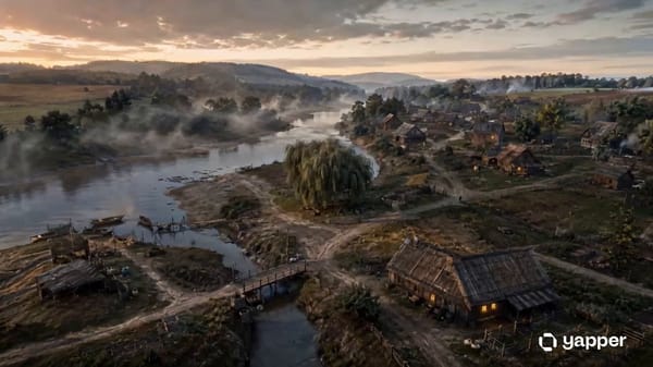 Locked-off ultra-wide cinematic aerial timelapse of the exact same riverside settlement evolvin…